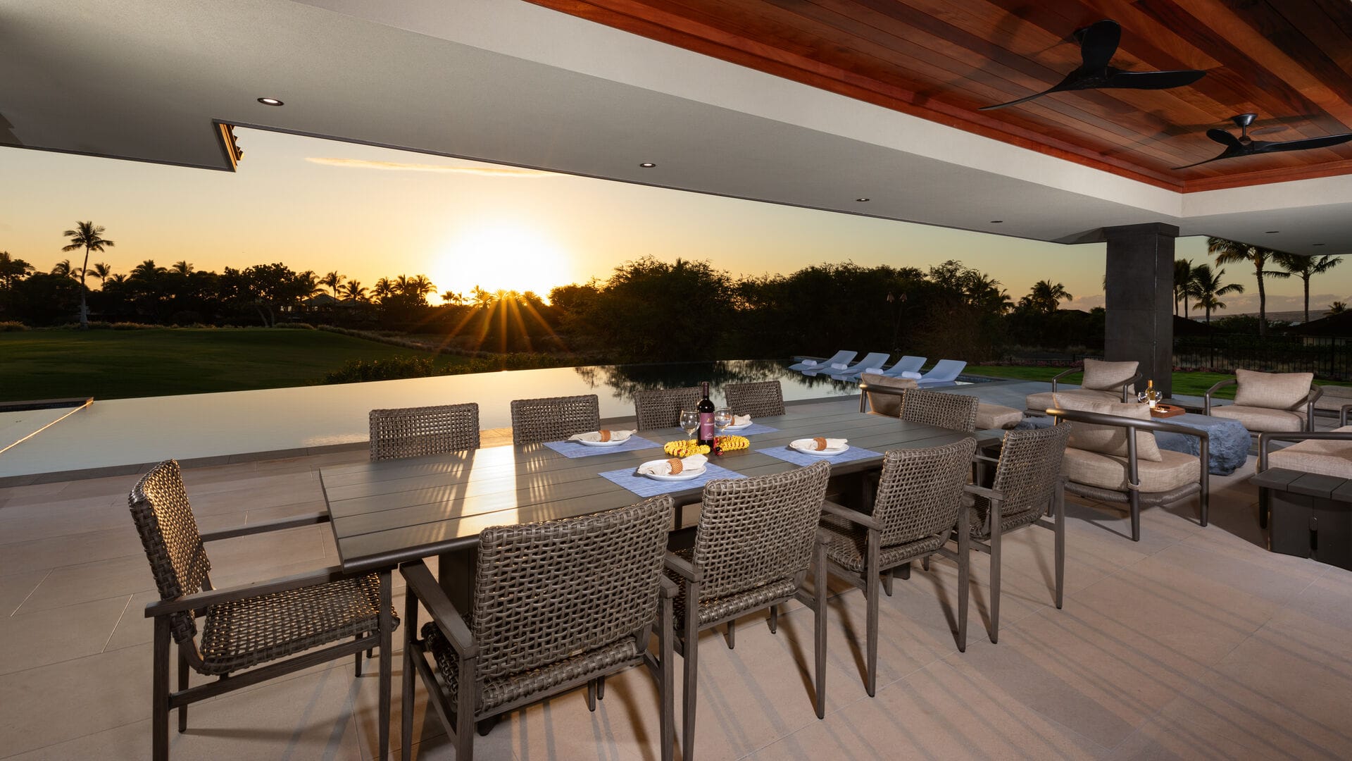 Outdoor dining area at sunset.