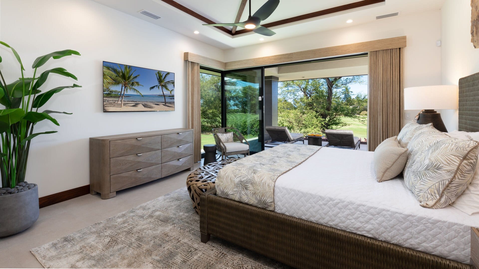 Modern bedroom with outdoor view.