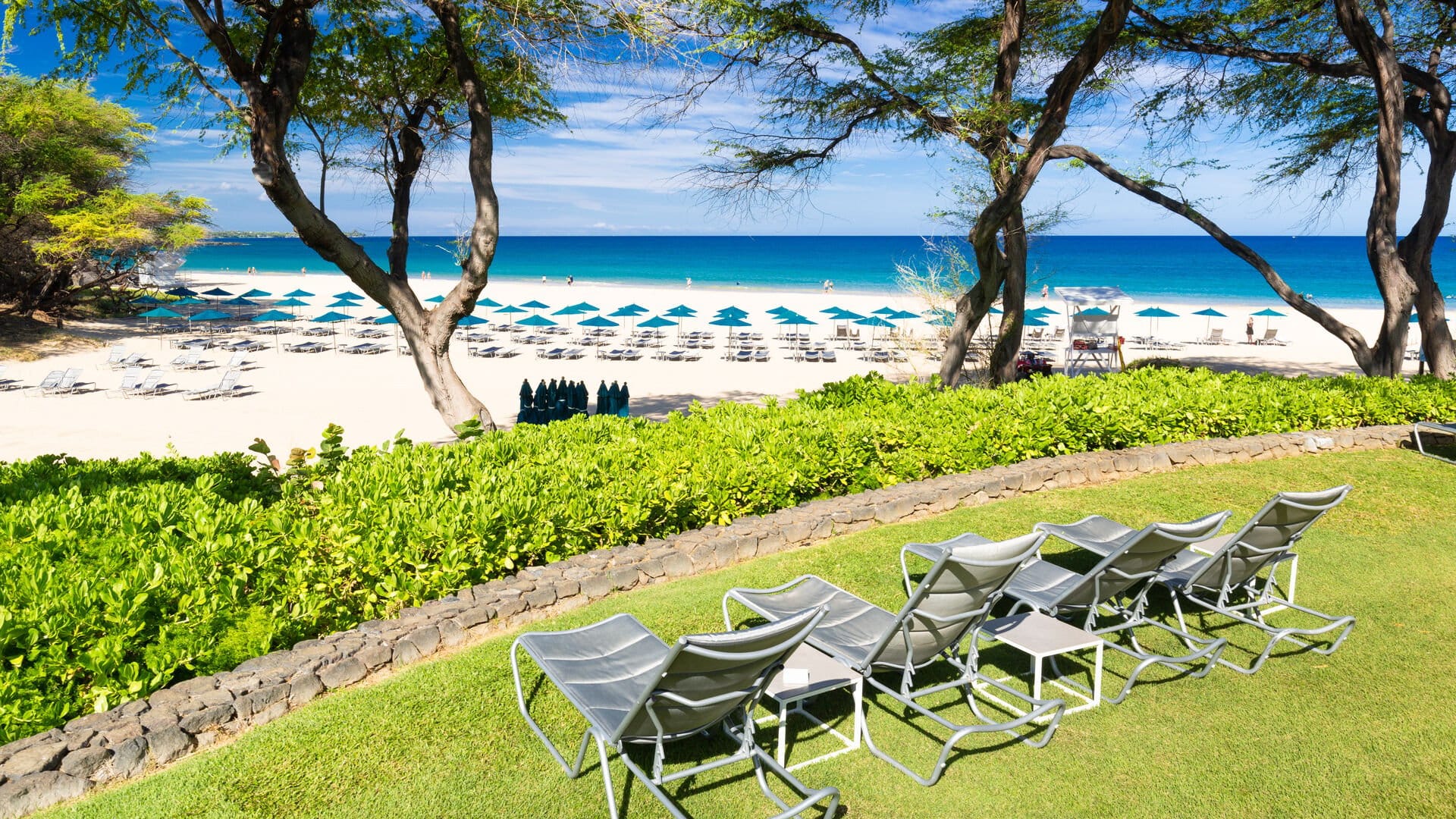 Beach with chairs and umbrellas.