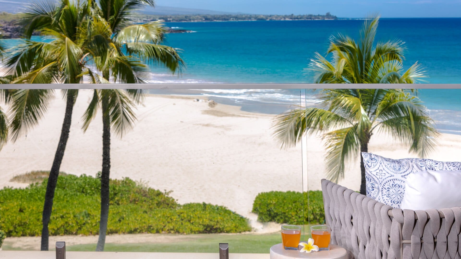 Tropical beach view with drinks.