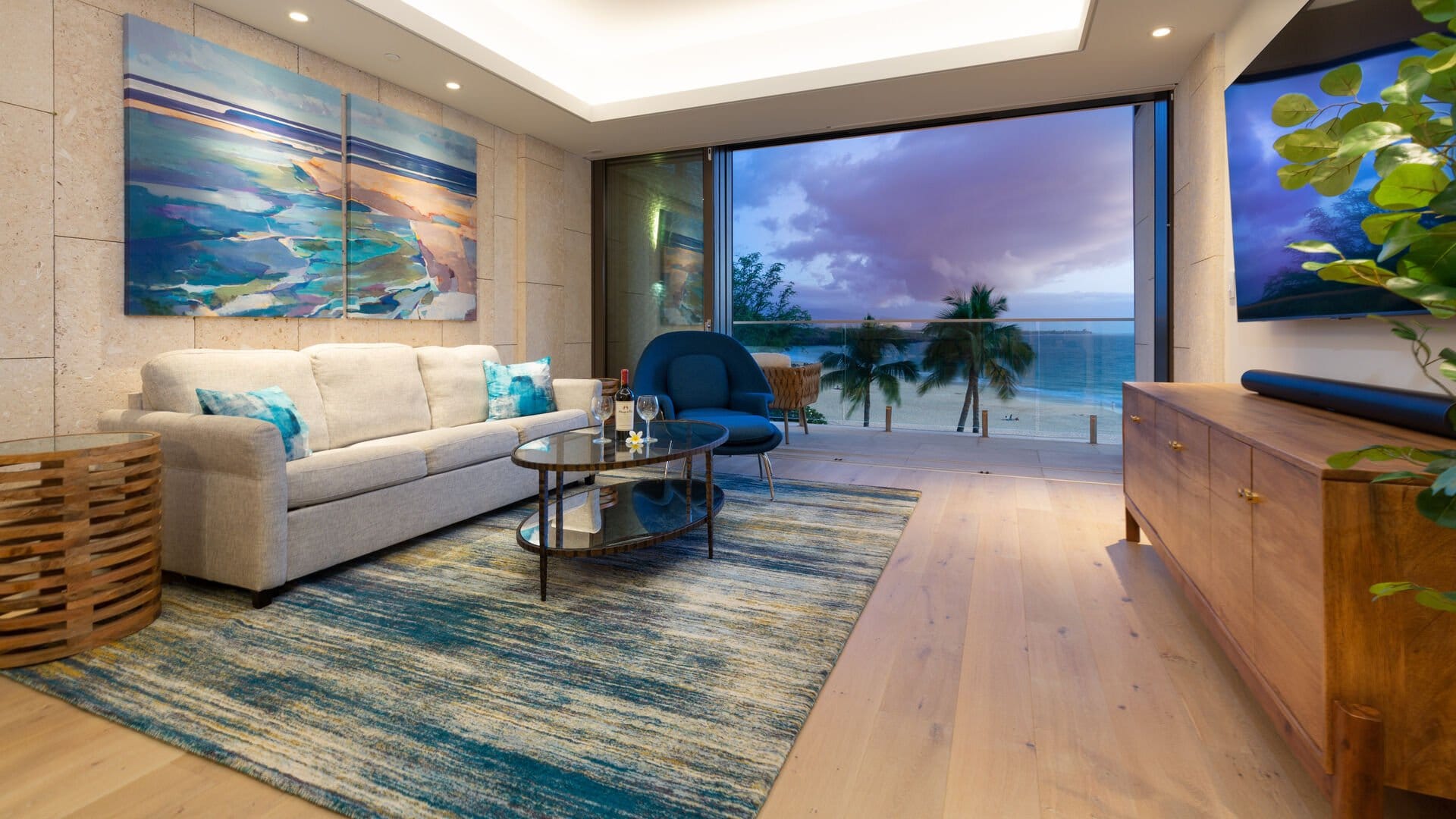 Modern living room with ocean view.