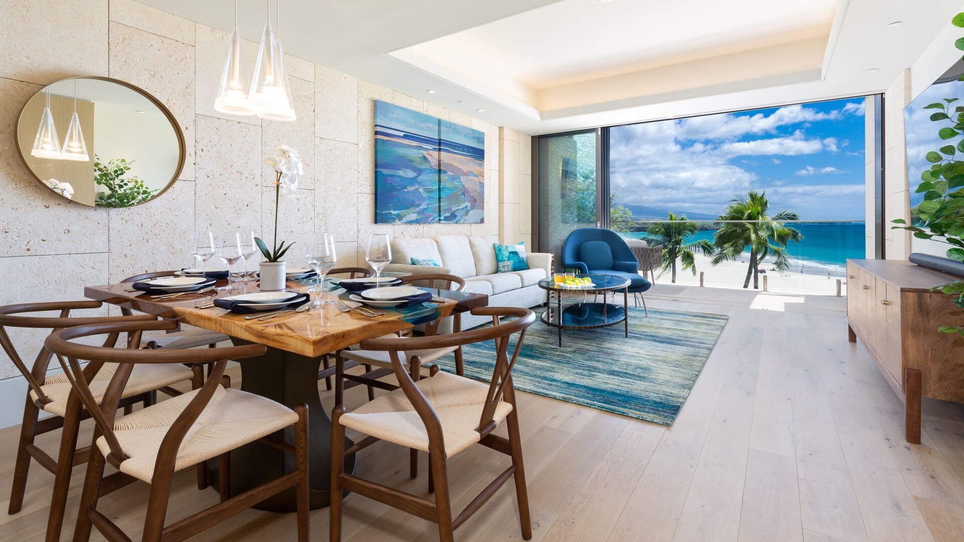 Luxurious dining room with ocean view