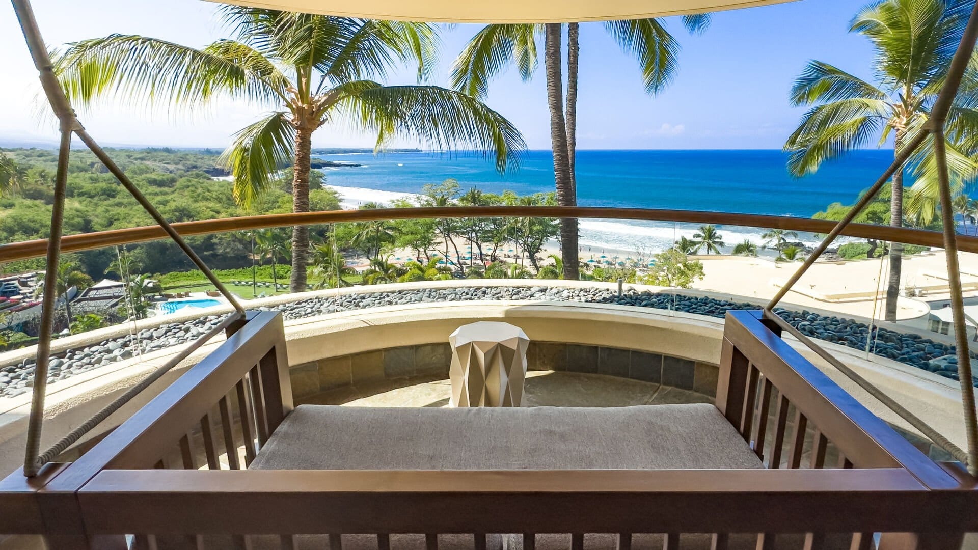 Beach view from resort balcony.