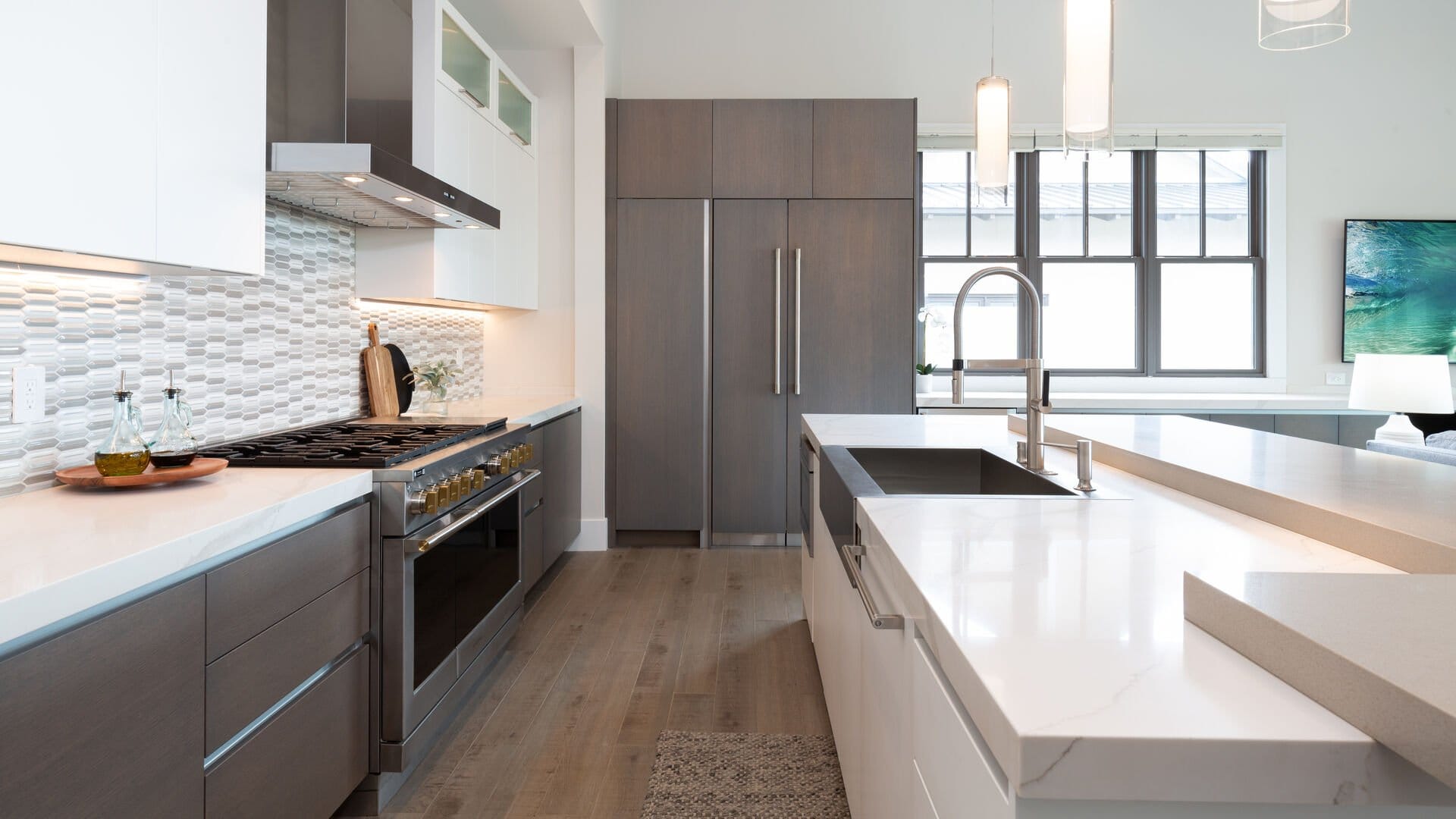 Modern kitchen with island and cabinets.