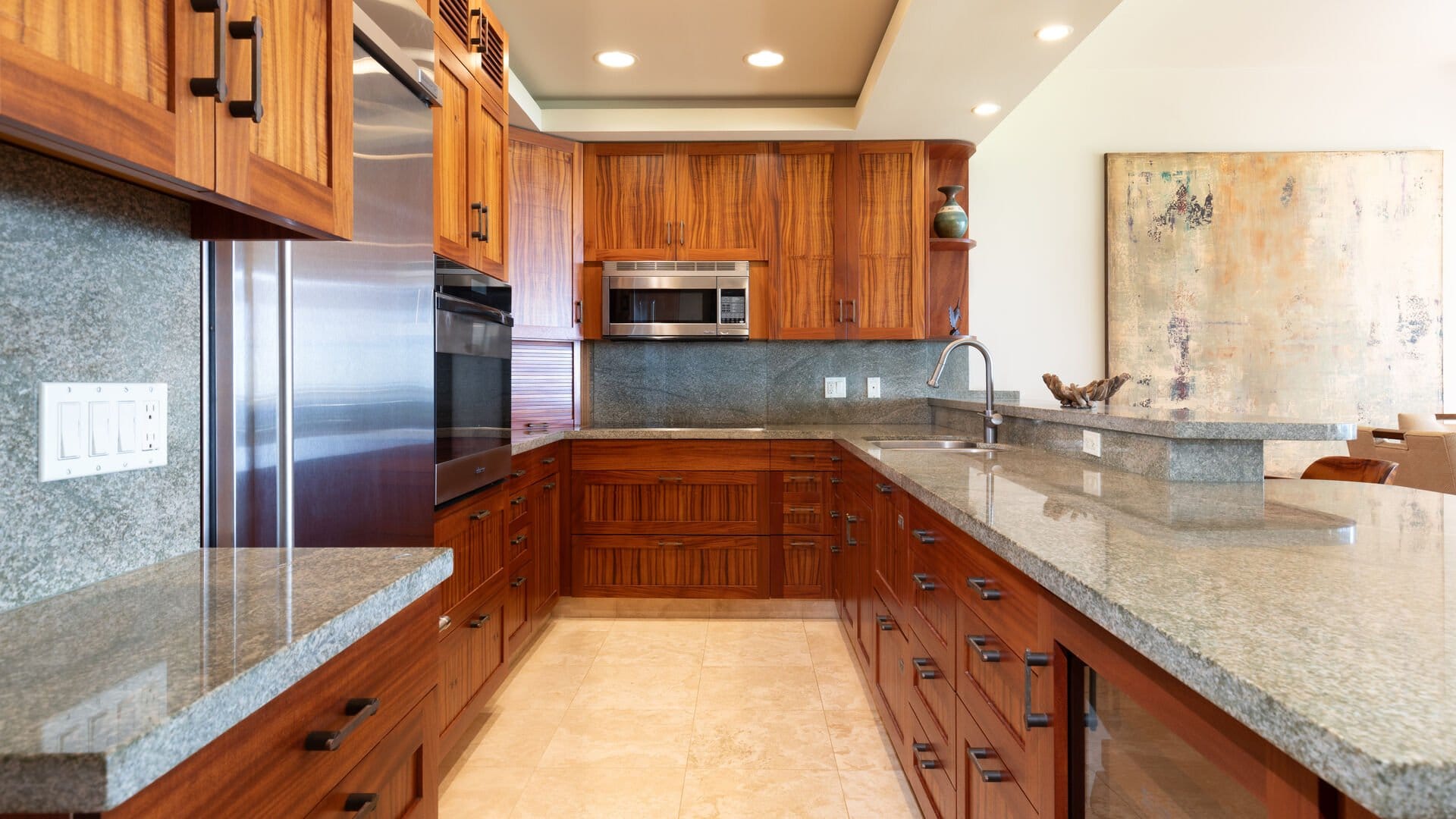 Modern kitchen with wooden cabinets.