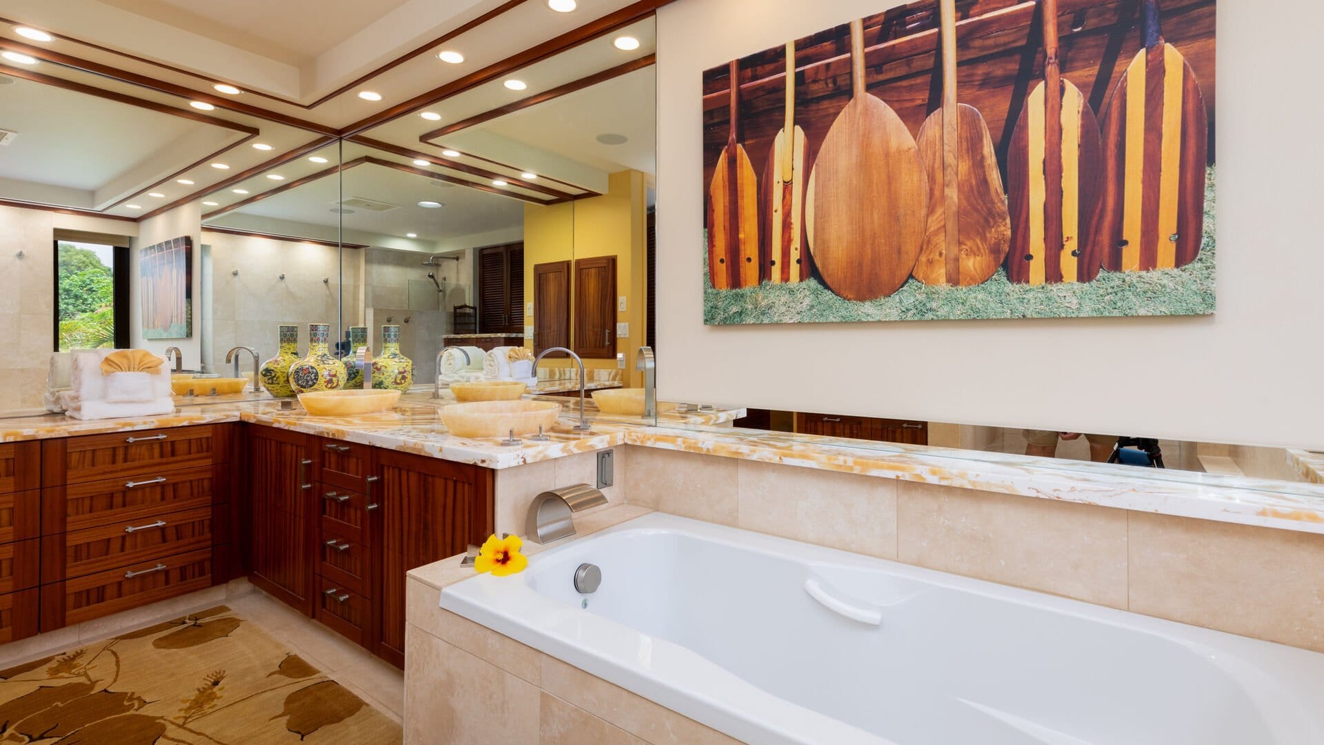 Modern bathroom with wooden accents.