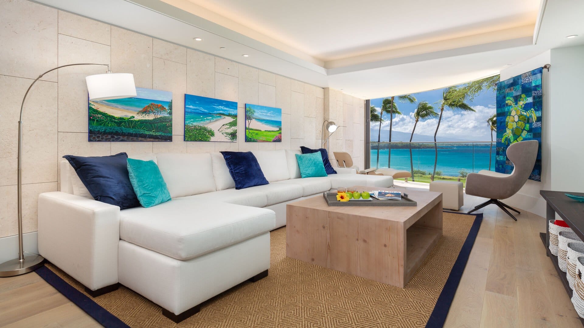 Modern living room with ocean view.