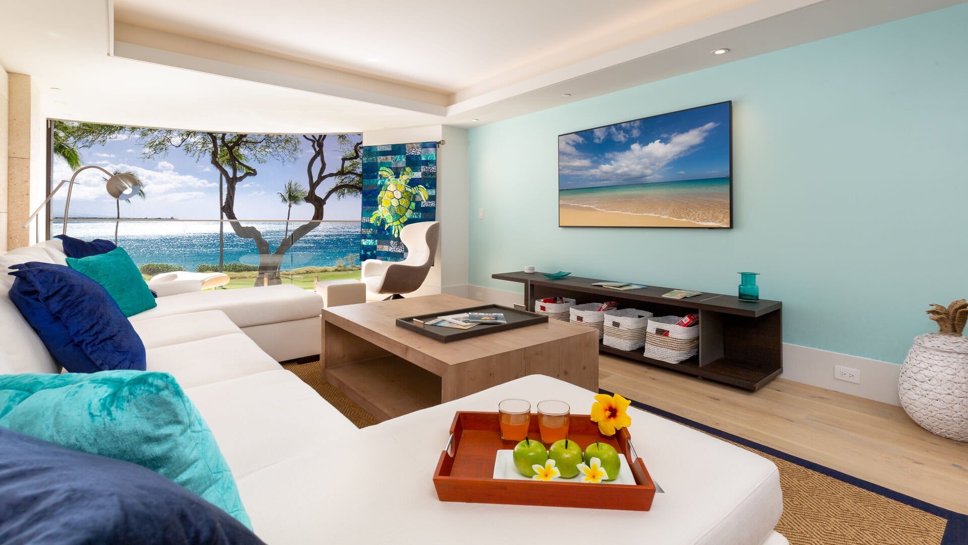 Modern living room with ocean view.