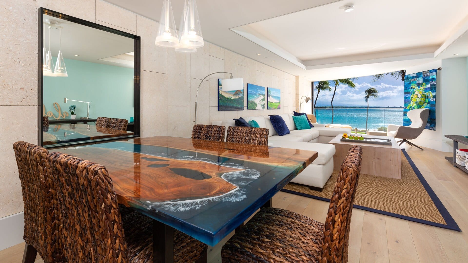 Coastal-themed living room with view.