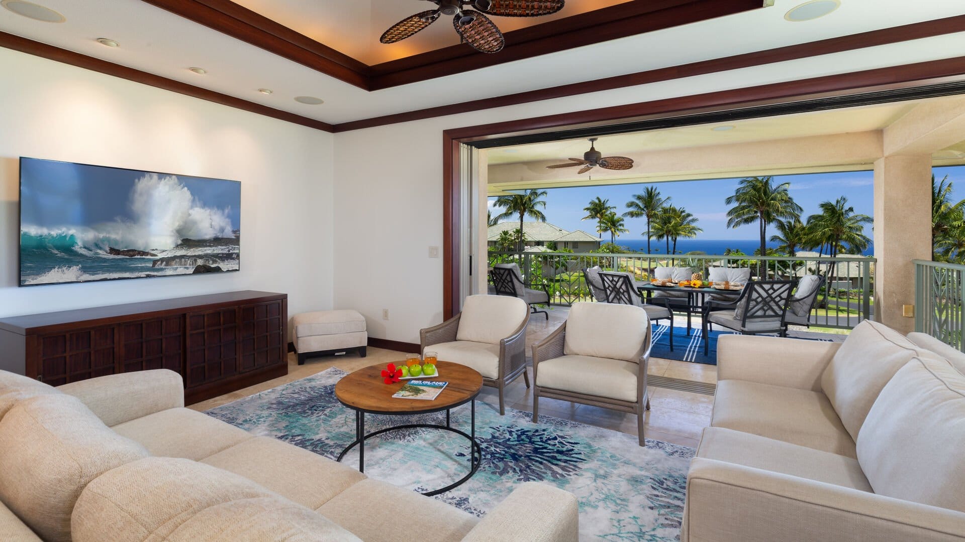 Luxury living room with ocean view.