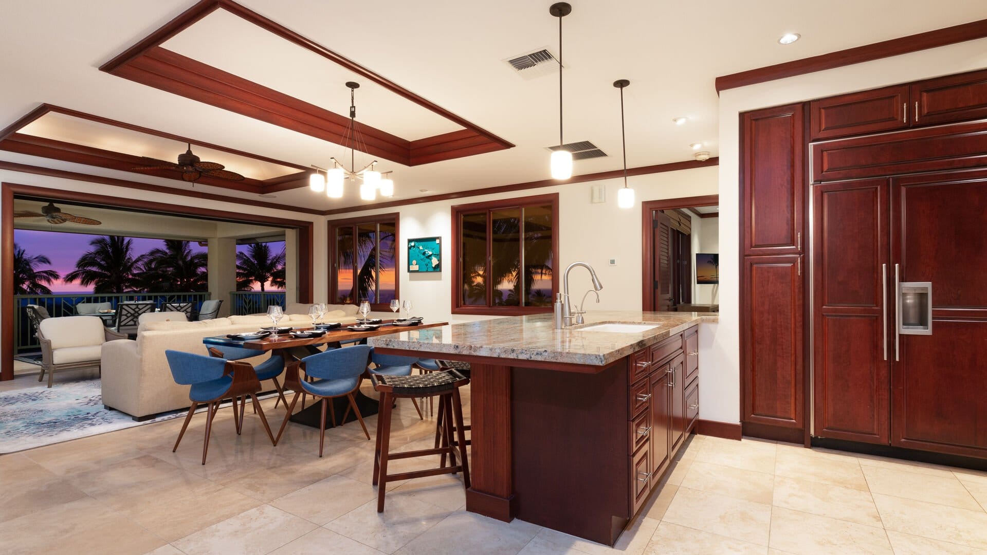 Modern kitchen with sunset view.