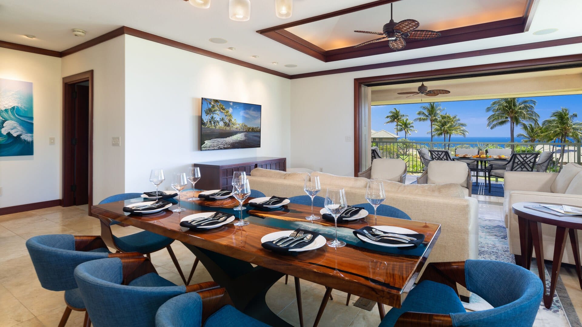 Elegant dining area with ocean view.