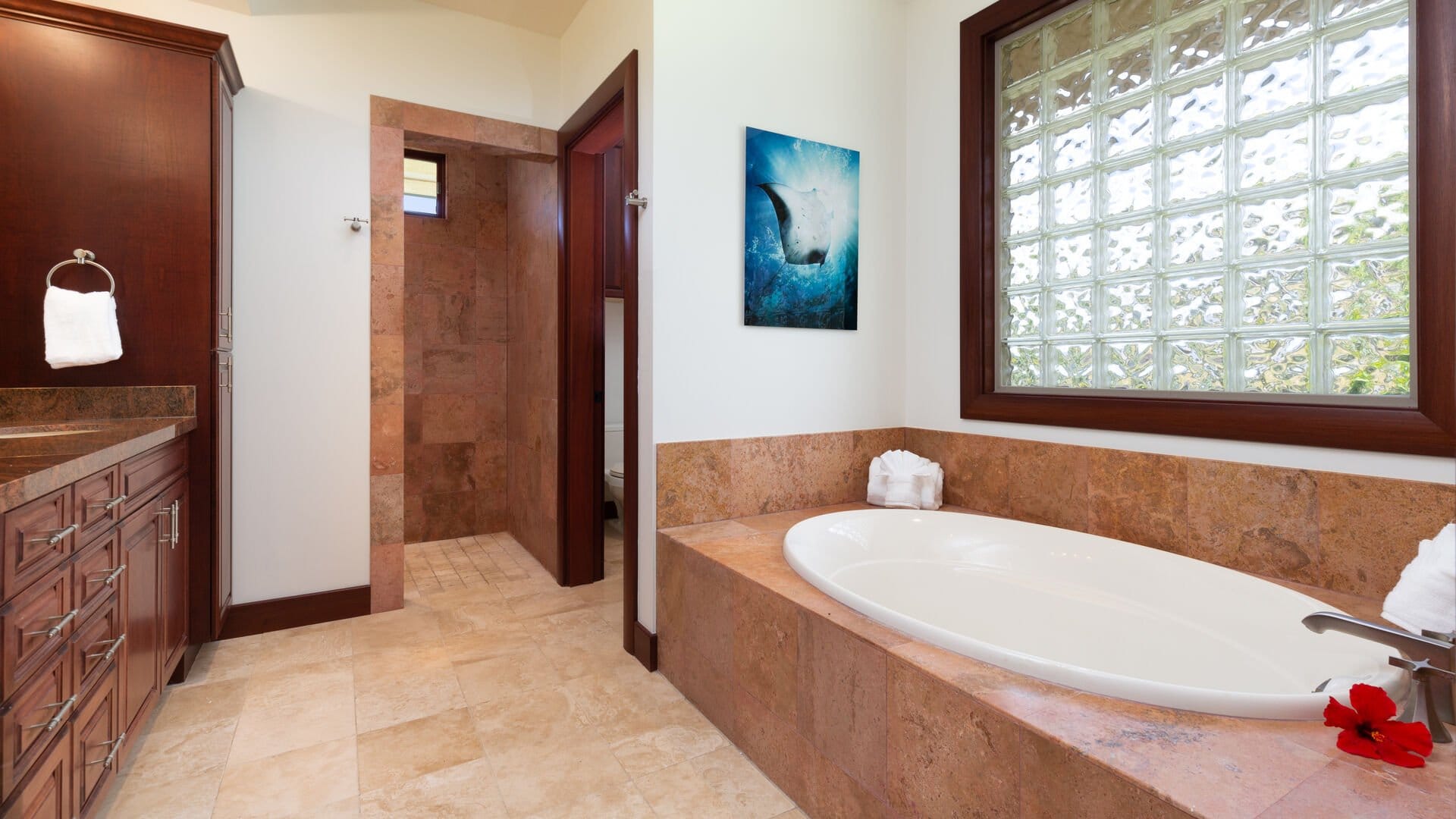 Luxurious bathroom with tub.