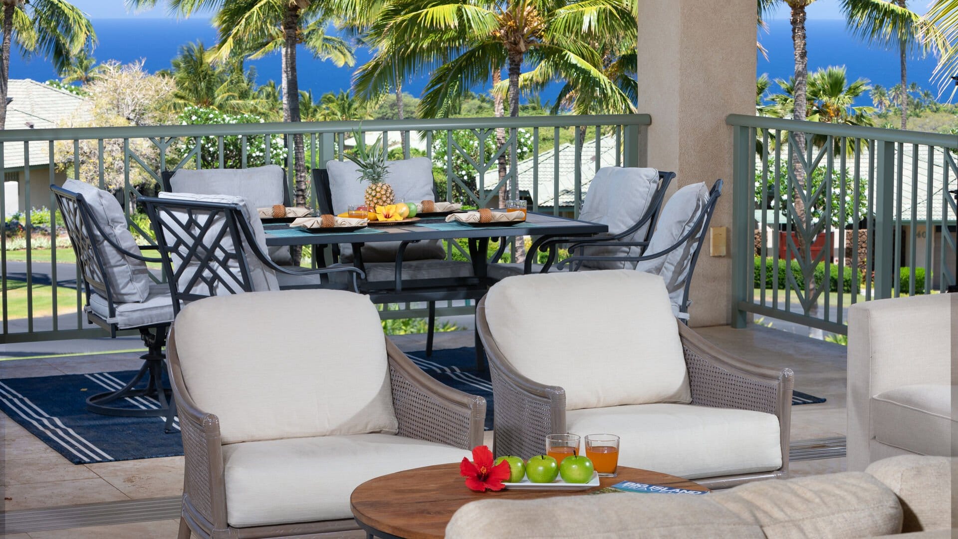 Outdoor patio with ocean view.