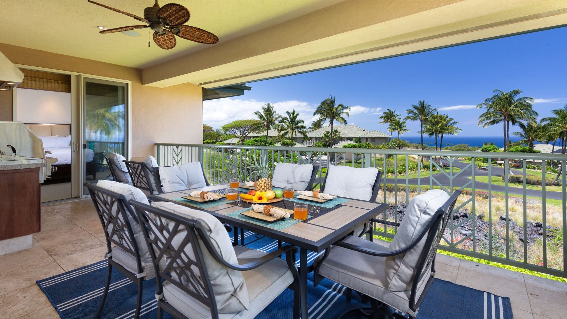 Outdoor dining area with ocean view.