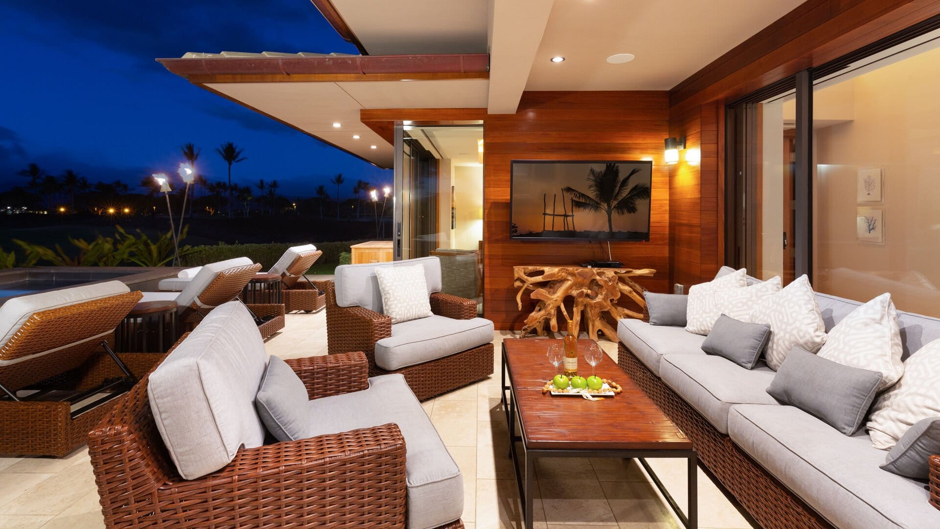 Outdoor patio with wicker furniture.