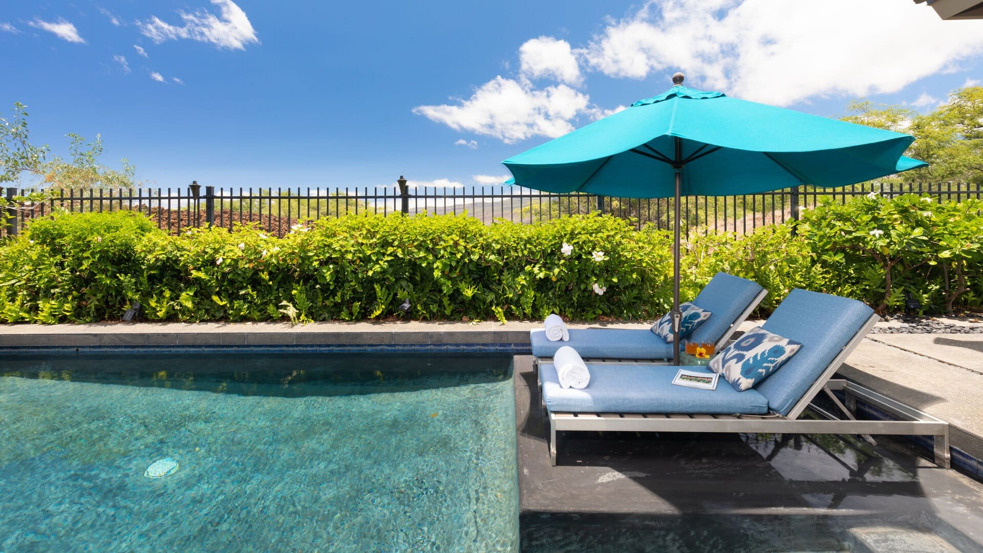 Poolside loungers with umbrella.