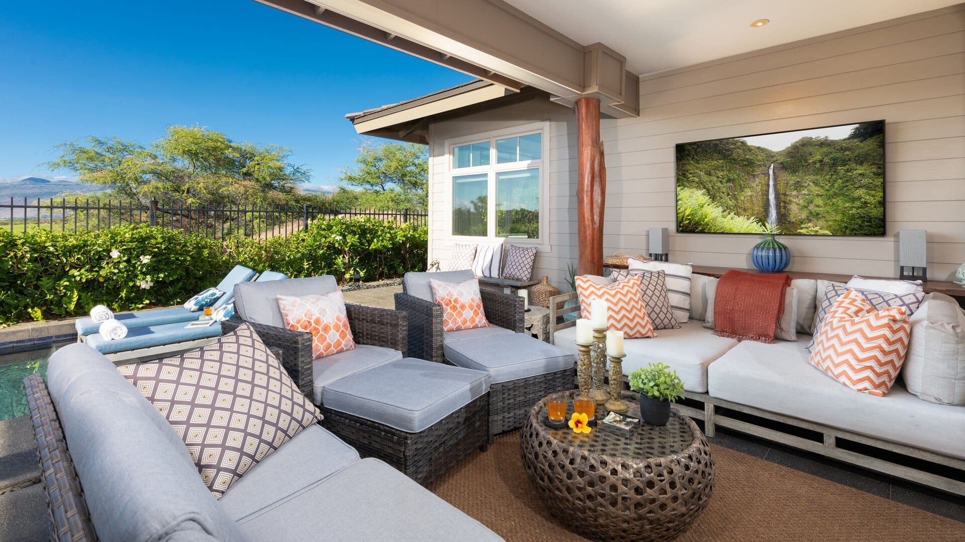 Outdoor patio with seating area.