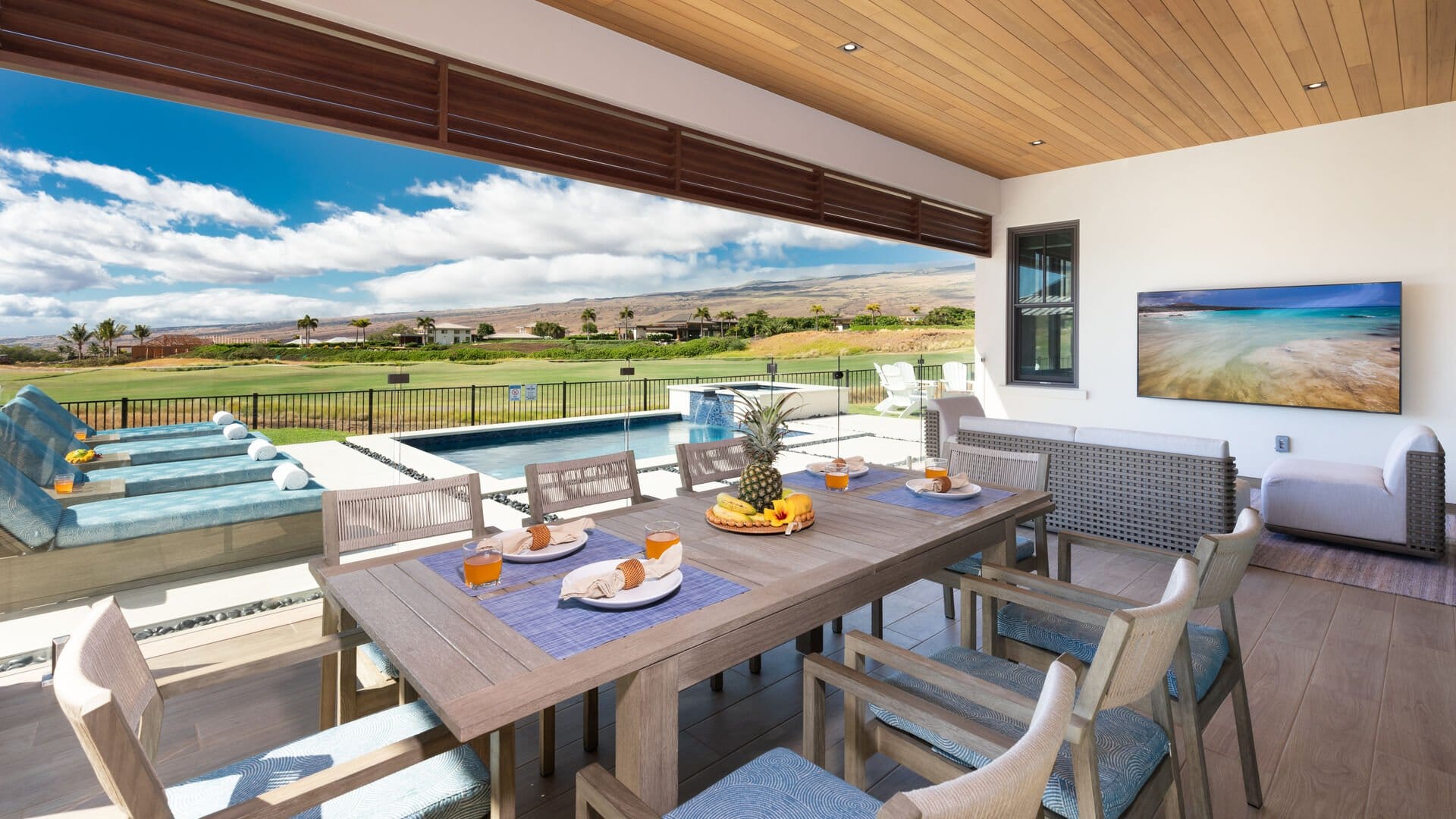 Luxurious outdoor patio with pool.