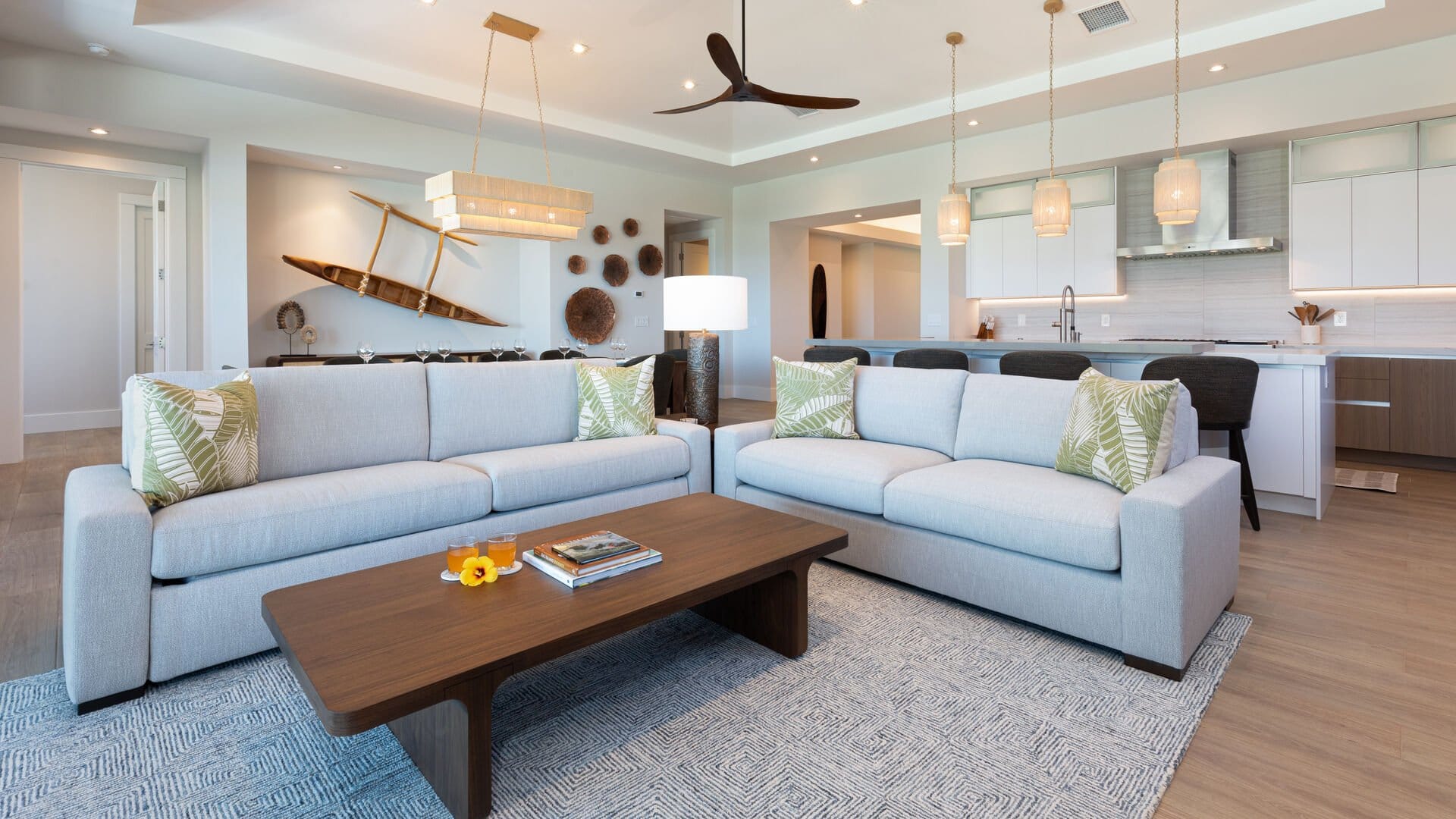 Modern living room with kitchen.