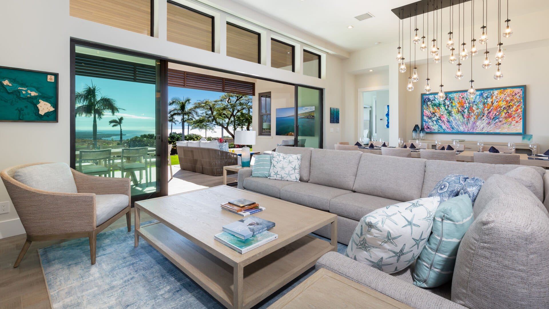 Modern living room with ocean view.