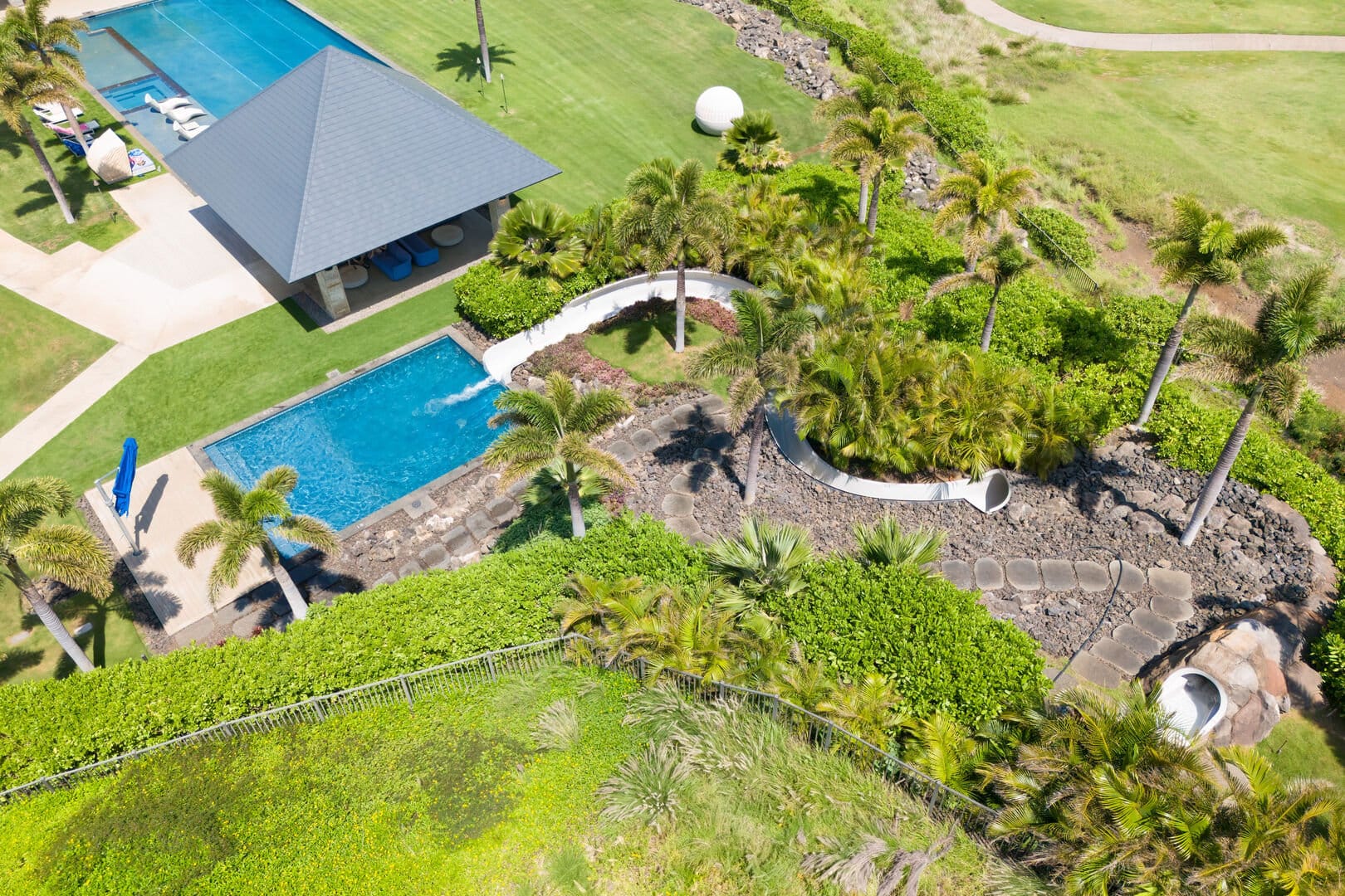 Aerial view of swimming pool area.