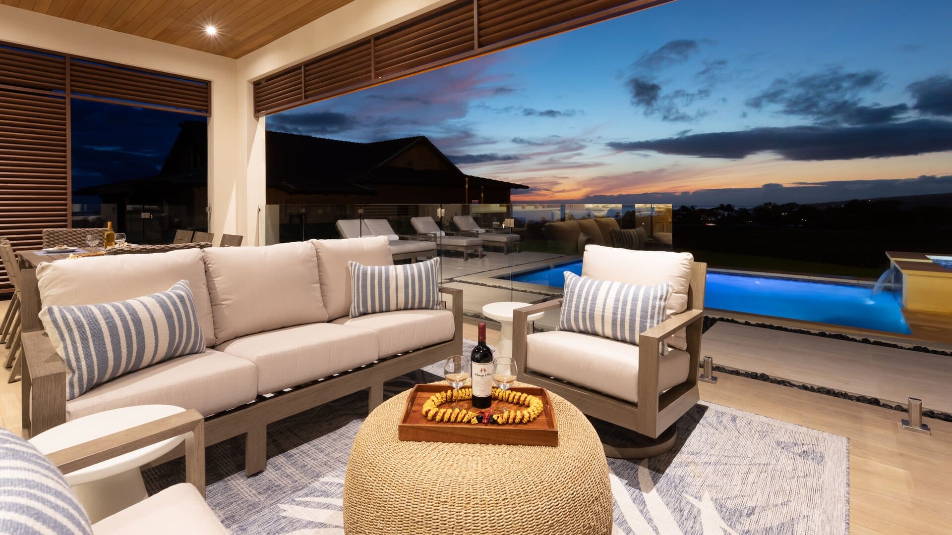 Cozy patio with pool sunset.