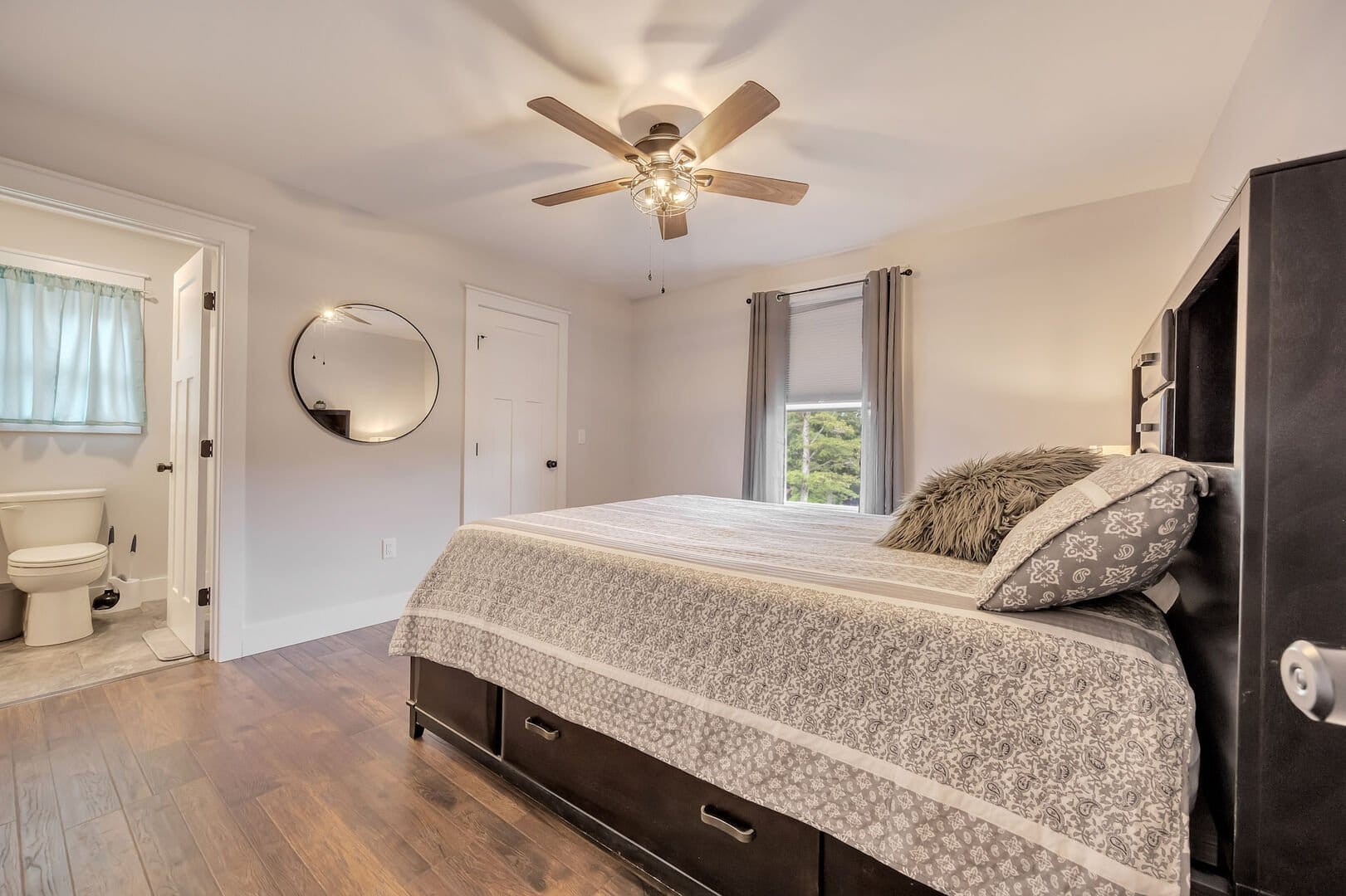 Cozy bedroom with attached bathroom.