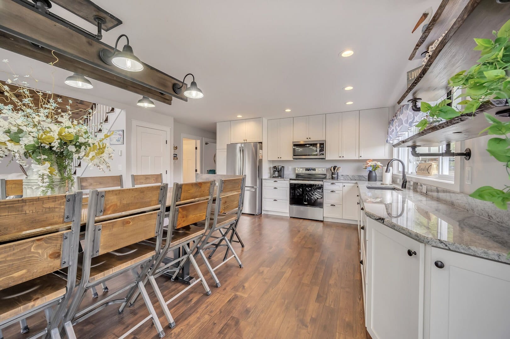 Modern kitchen with dining area.