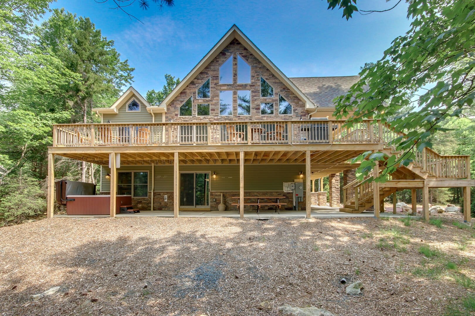 Large cabin with wraparound deck.