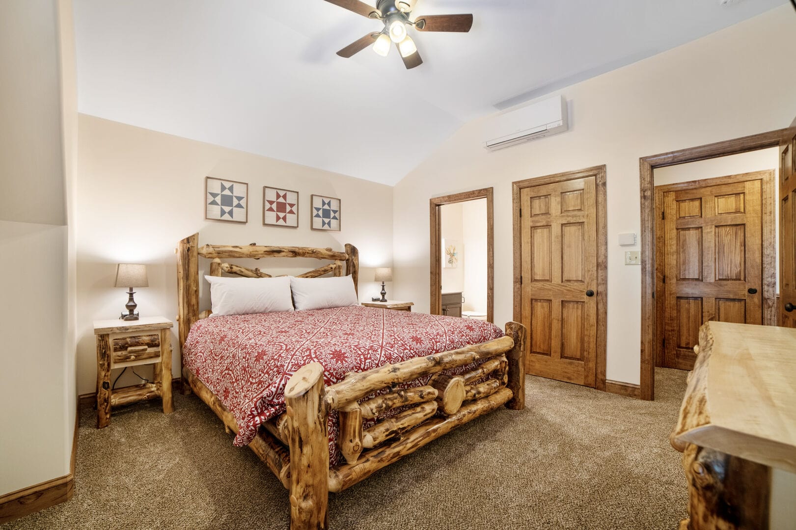 Rustic bedroom with wooden furniture.