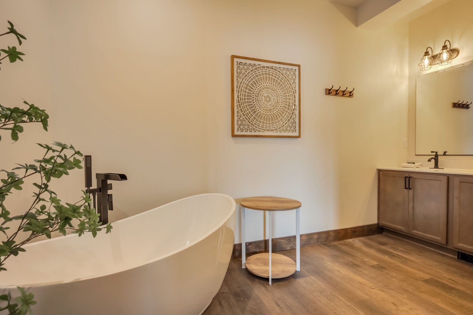 Modern bathroom with freestanding bathtub.