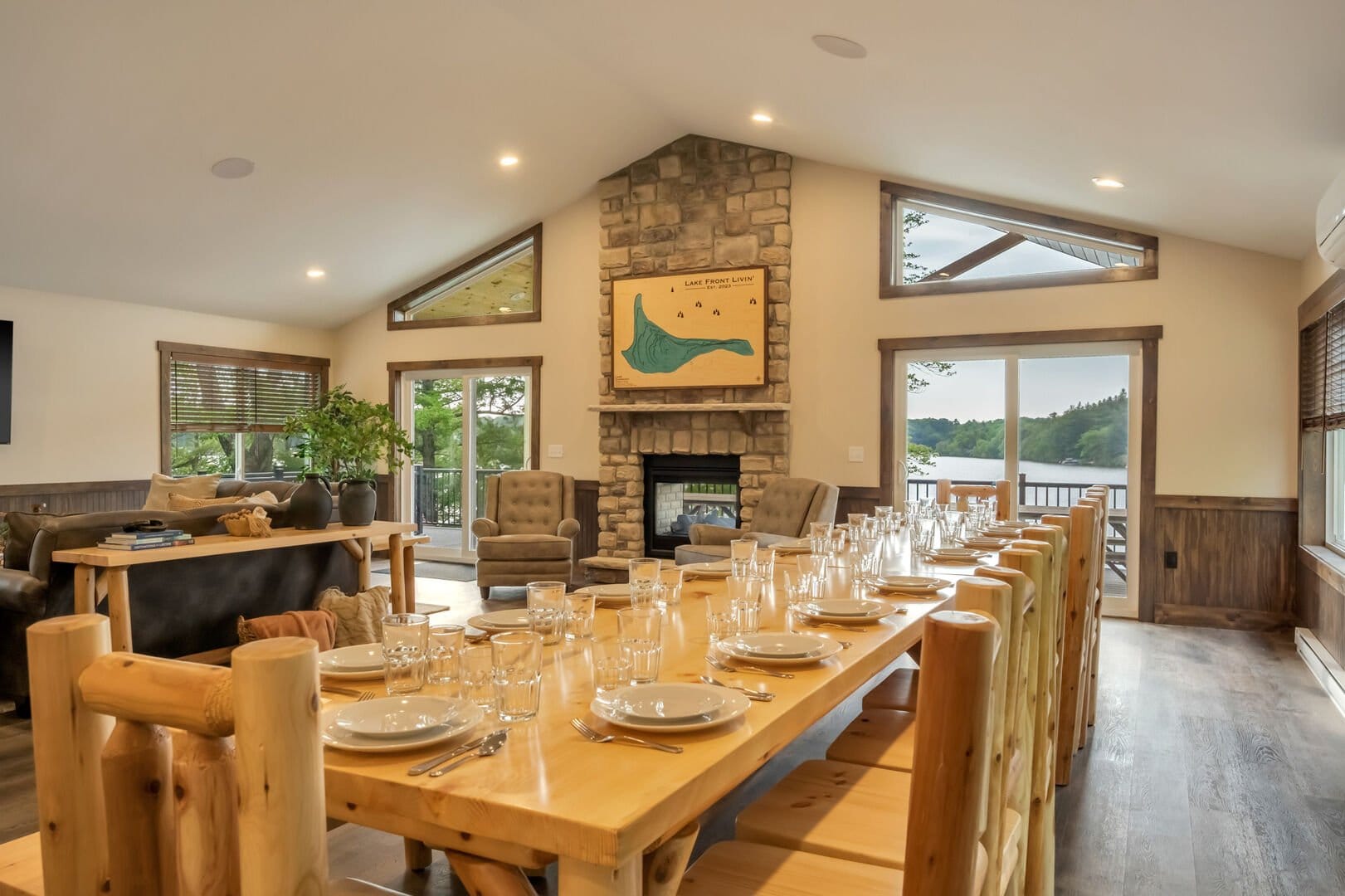 Rustic dining room with lake view.