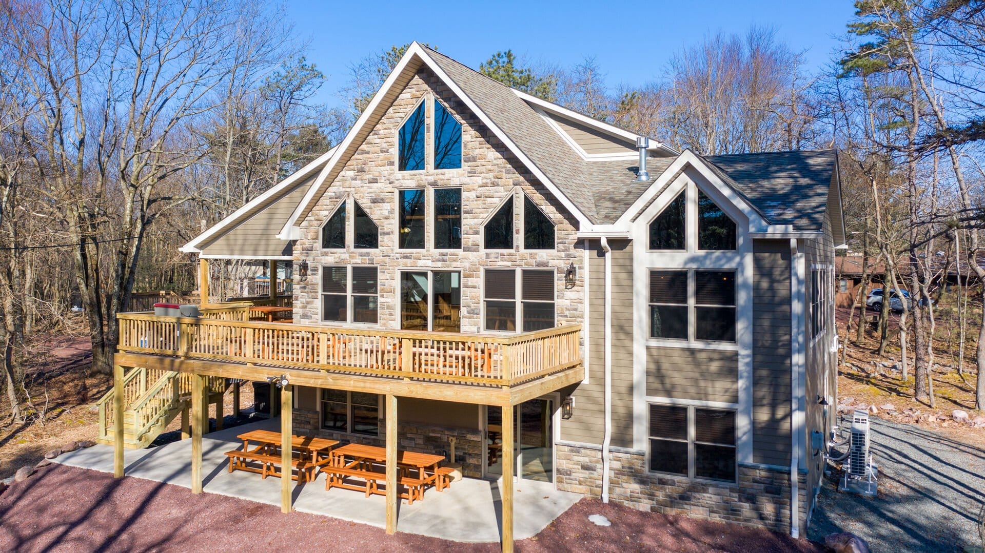 A-frame house with large deck.