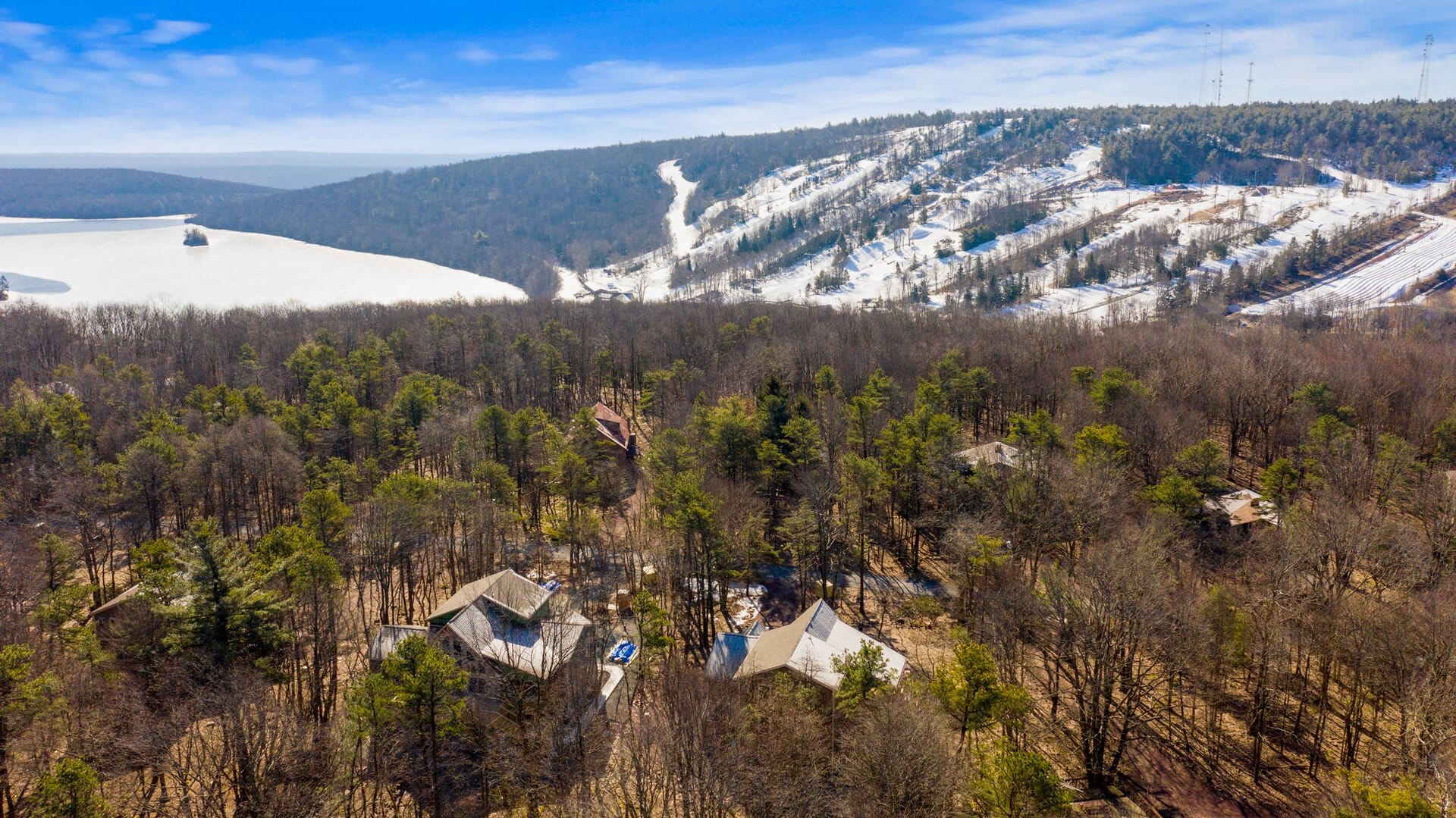 Snow-covered mountain and wooded area.