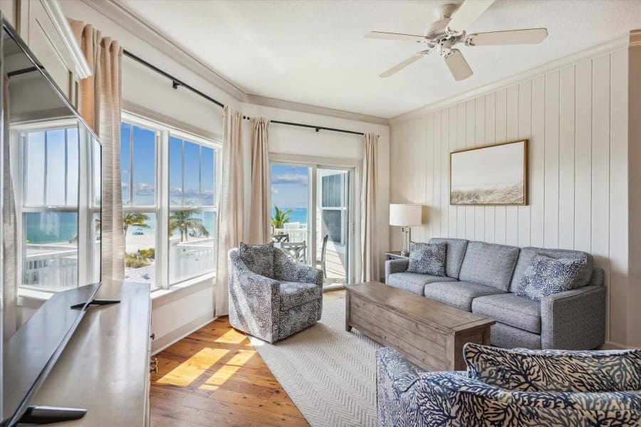 Cozy beachside living room view.