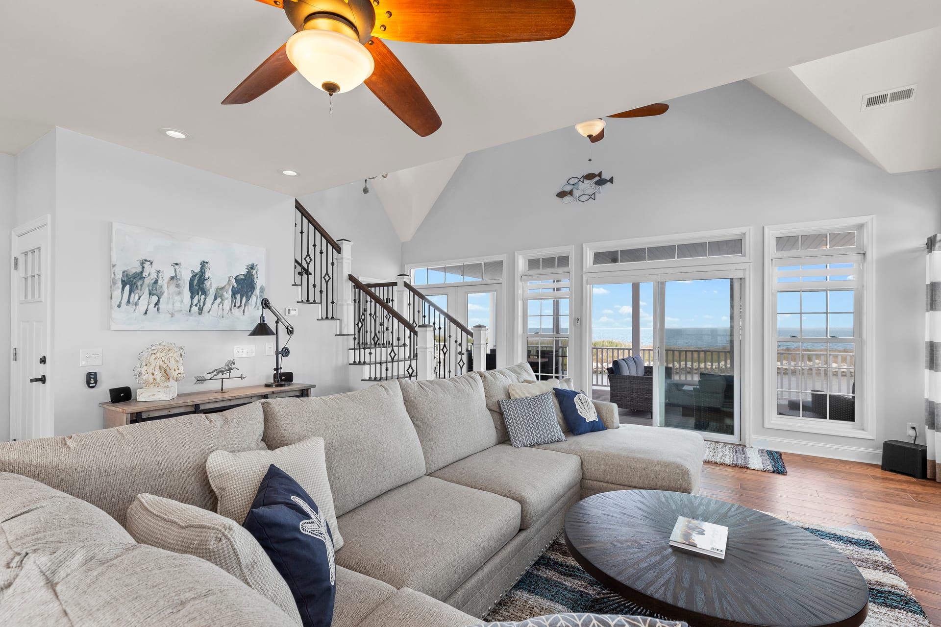 Modern living room with ocean view.