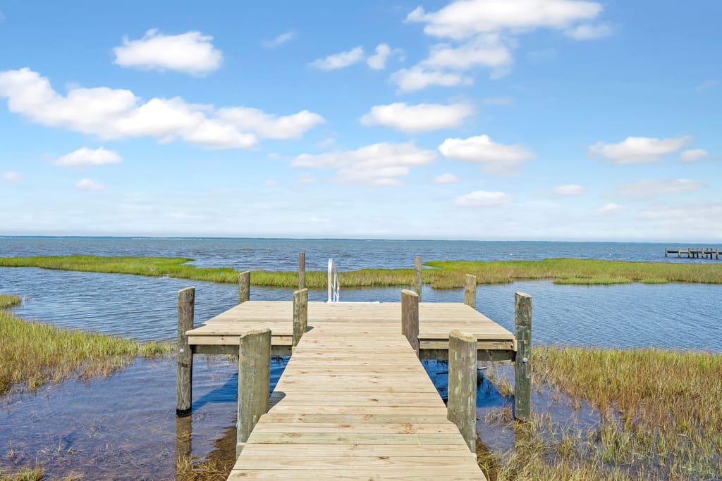 Wooden dock over marshy waters.