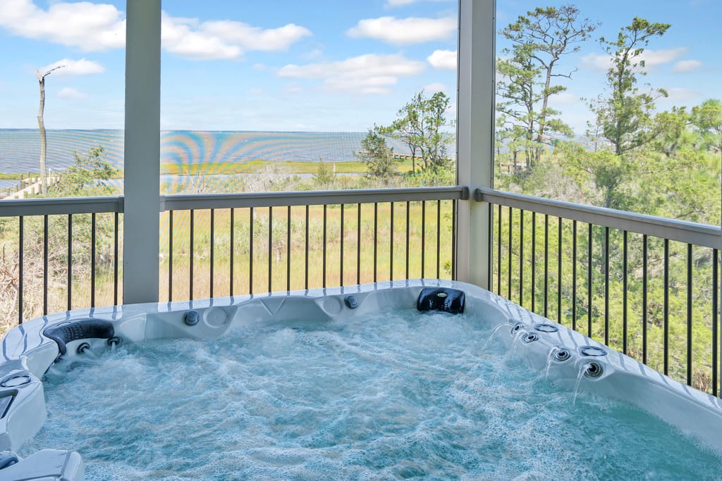 Hot tub on a balcony.