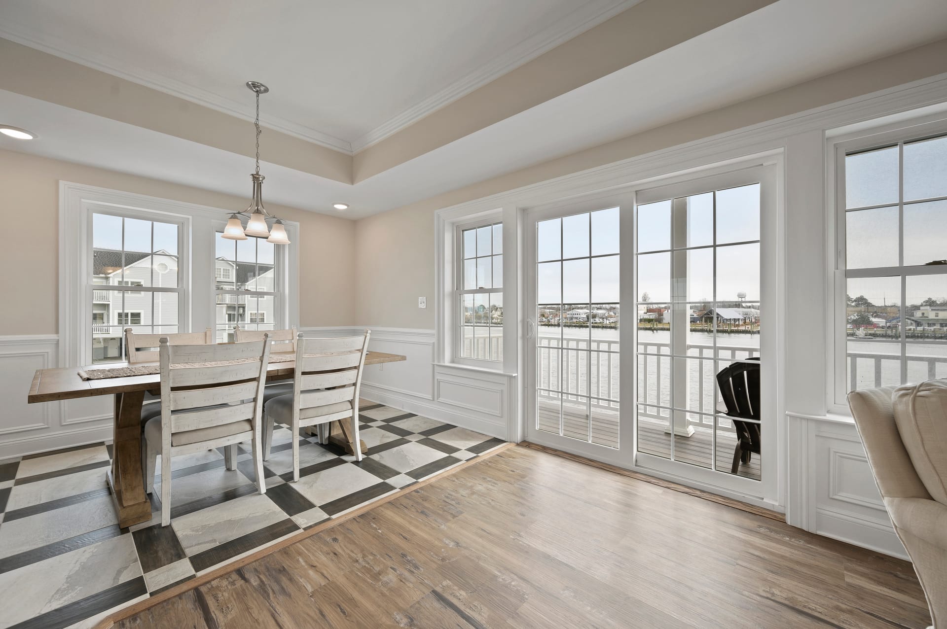 Dining room with water view.