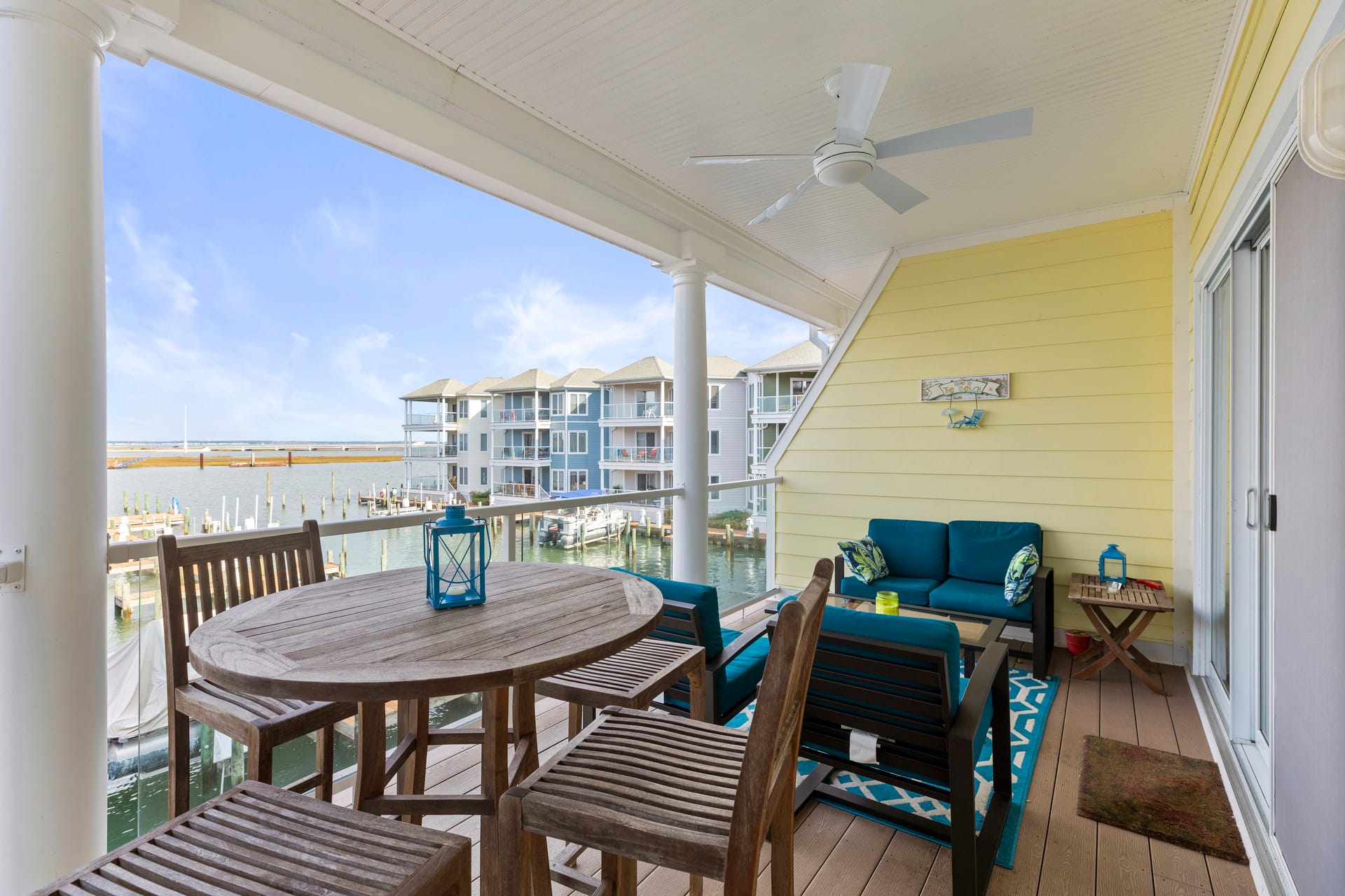 Outdoor patio overlooking marina.