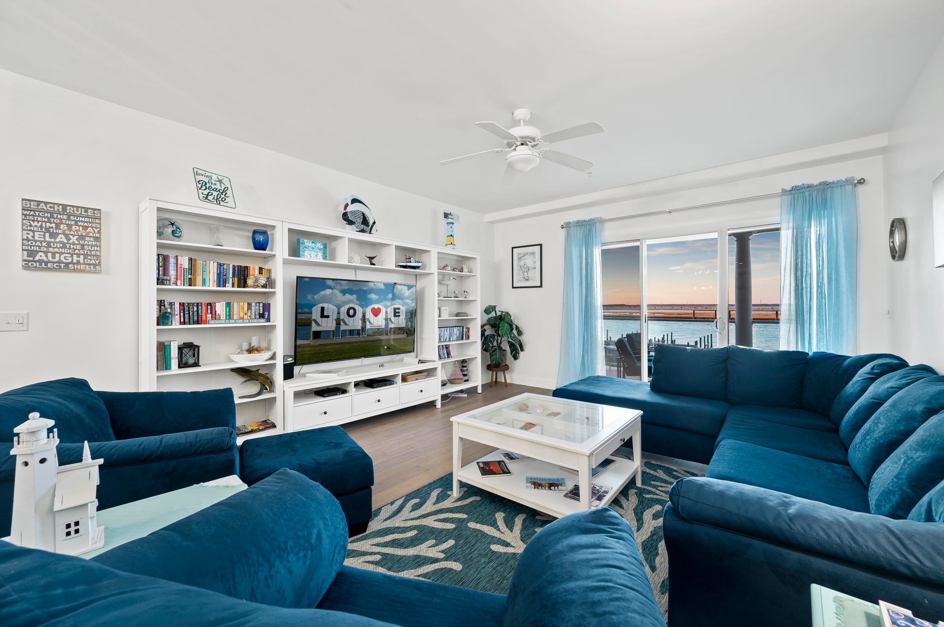 Cozy beach-themed living room interior.