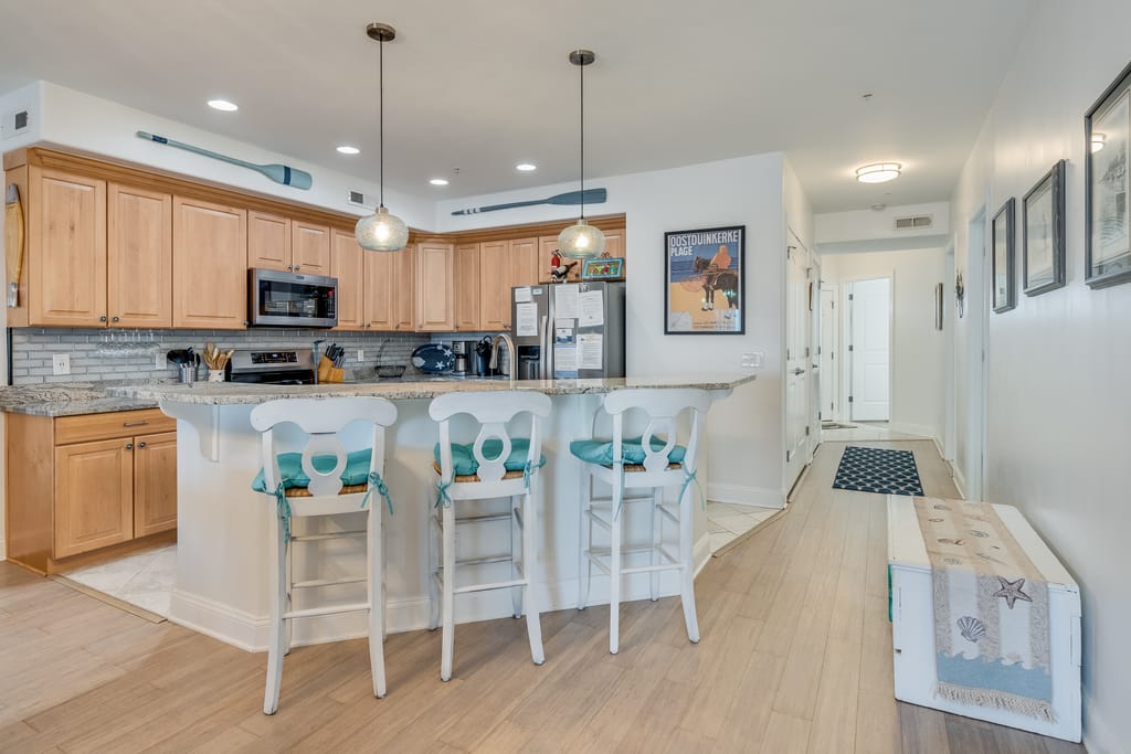 Modern kitchen with wooden cabinets.