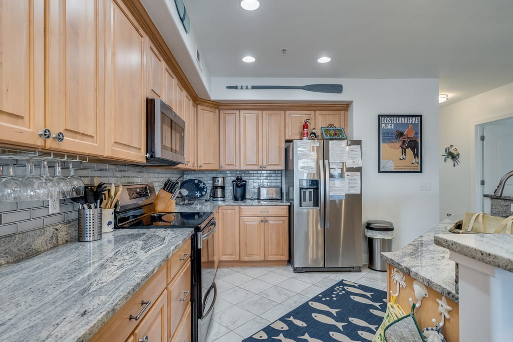 Modern kitchen with wooden cabinets.