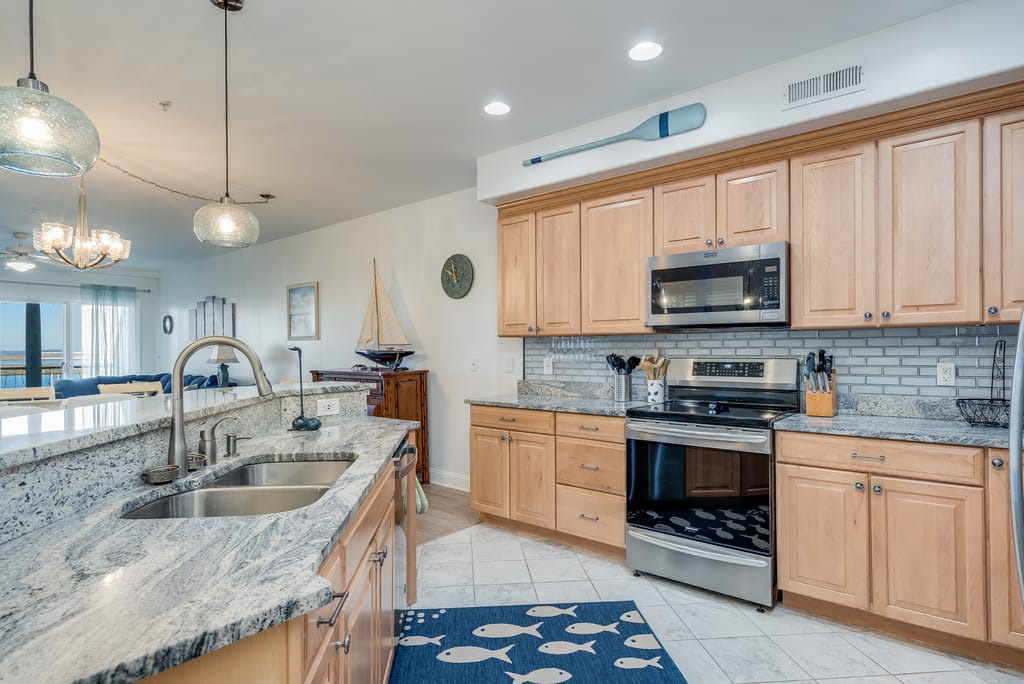 Modern kitchen with wooden cabinets.