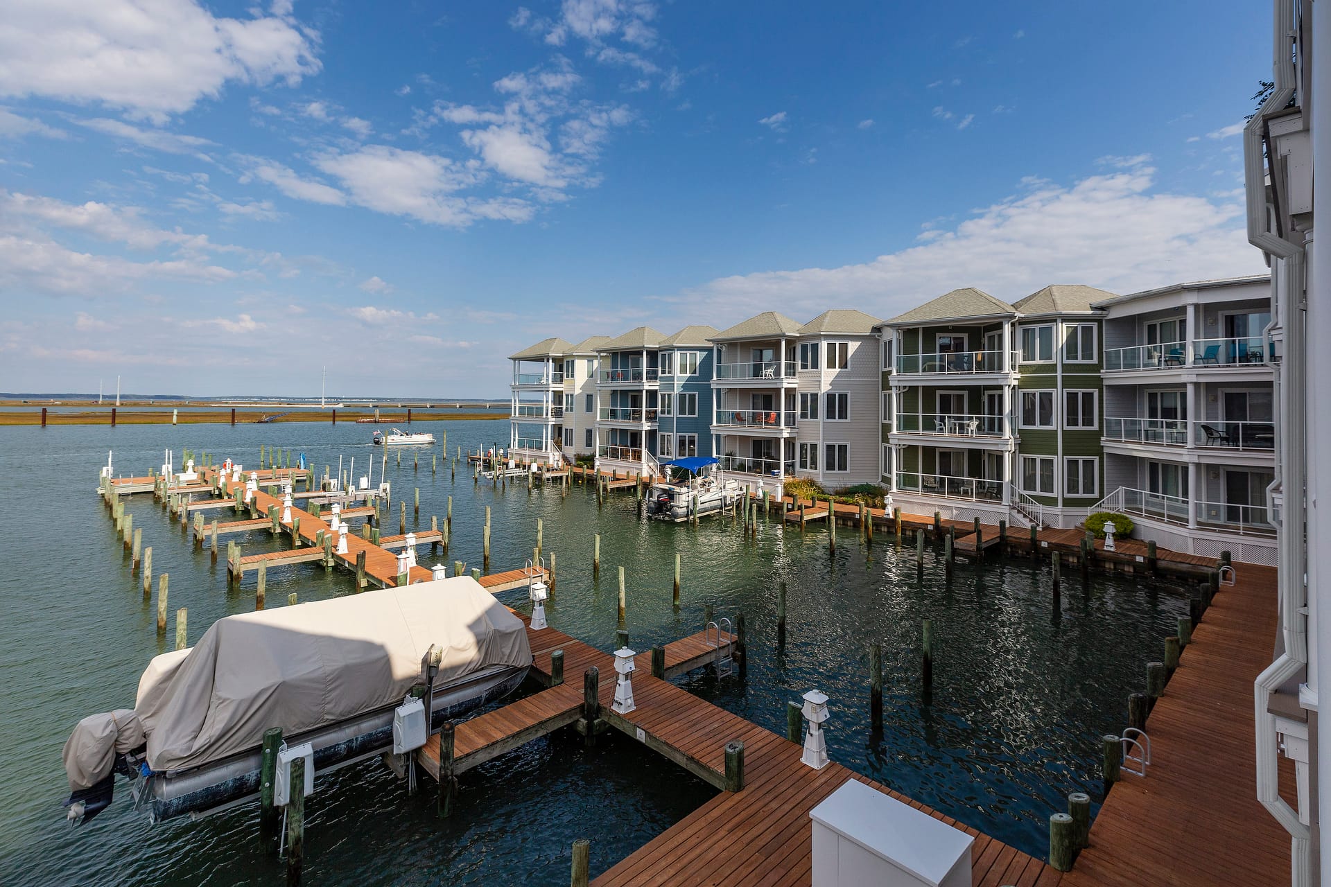 Waterfront apartments with boat docks.