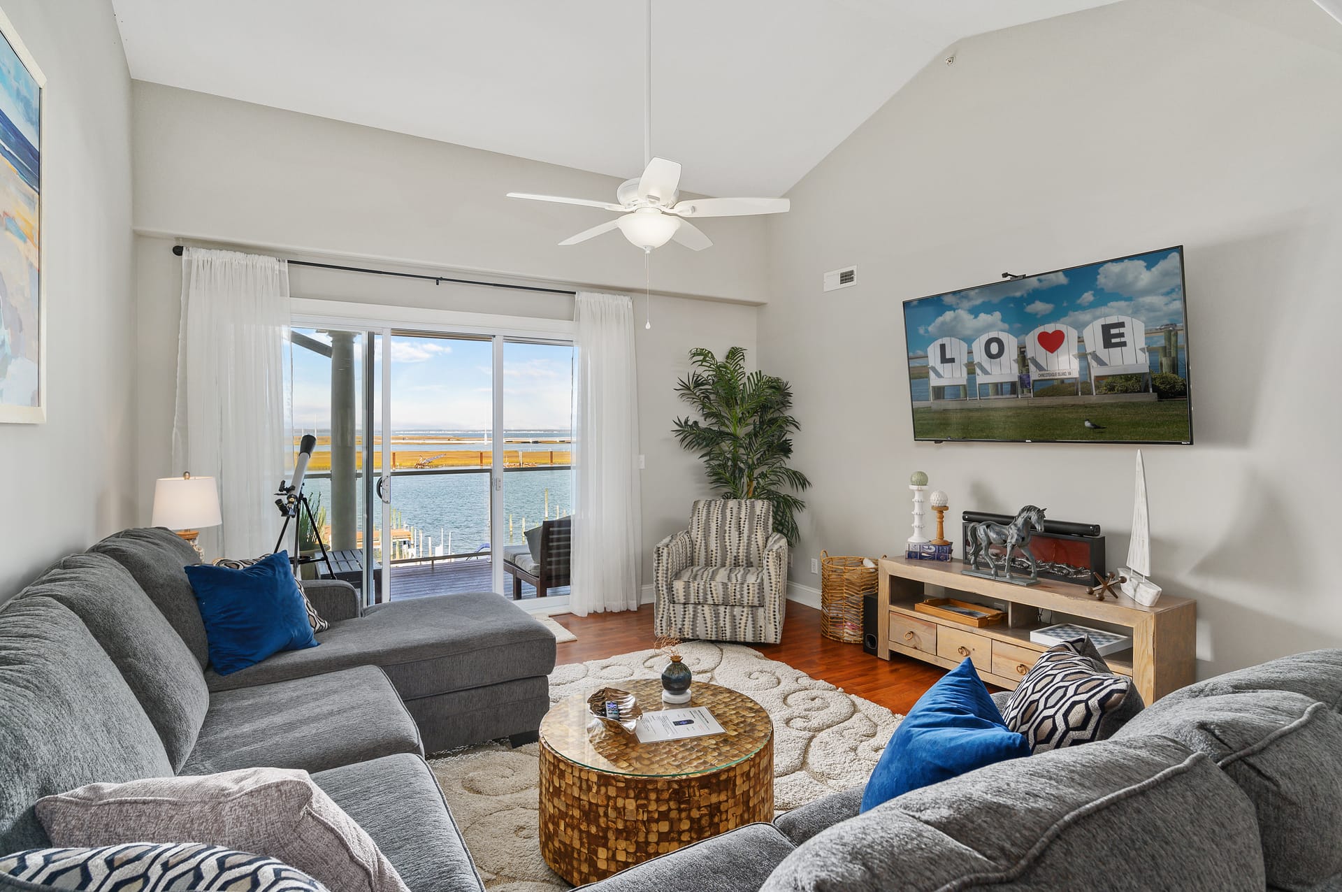 Modern living room with waterfront view