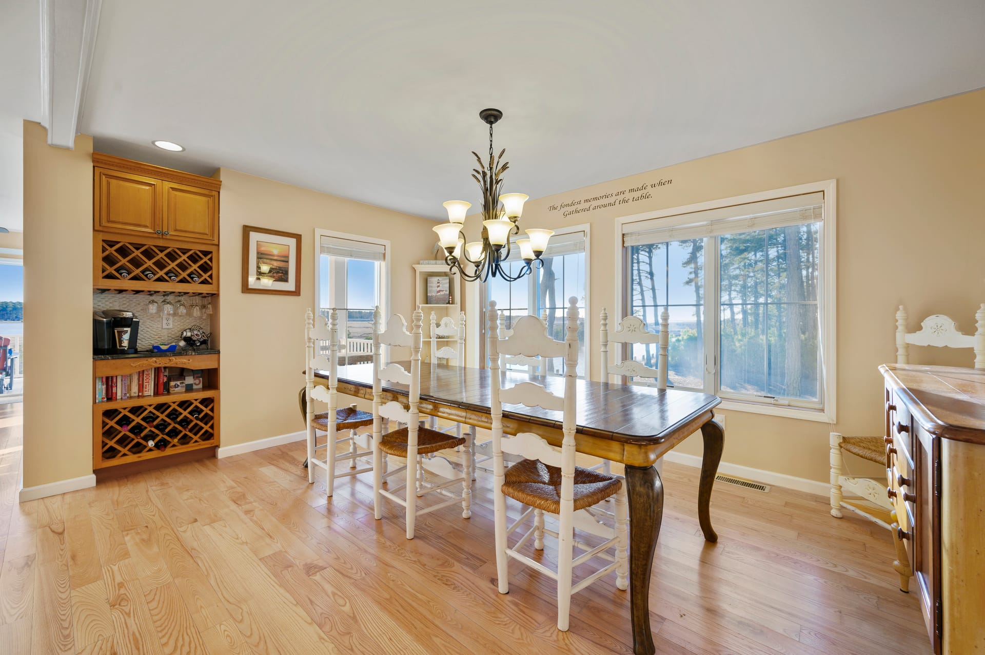 Bright dining room with lake view.