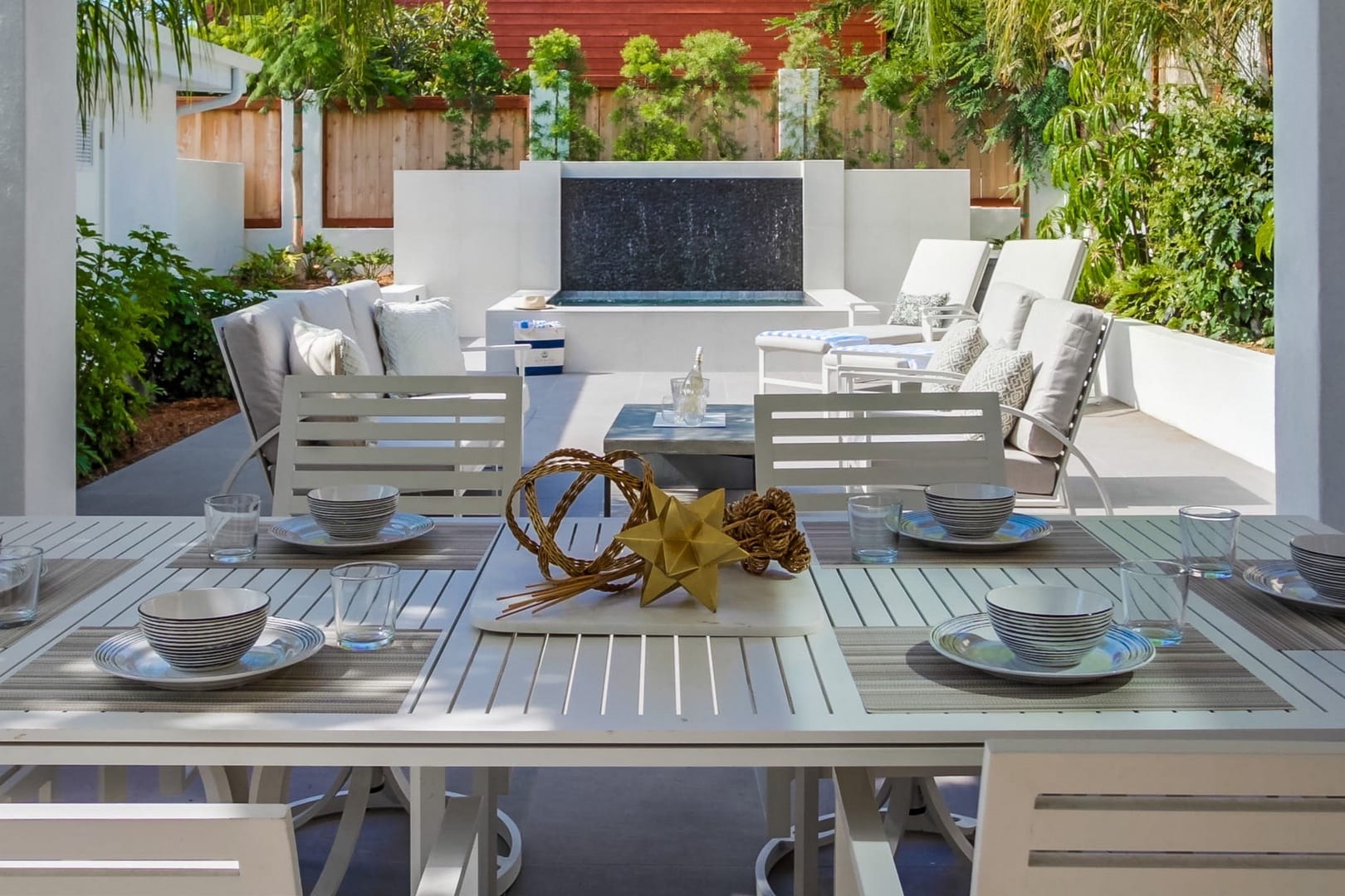 Modern outdoor dining and seating area.