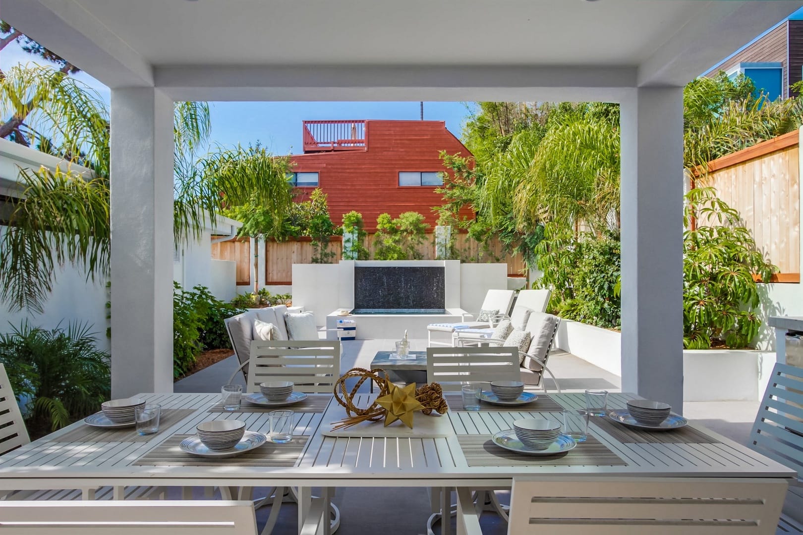 Modern outdoor patio dining area.